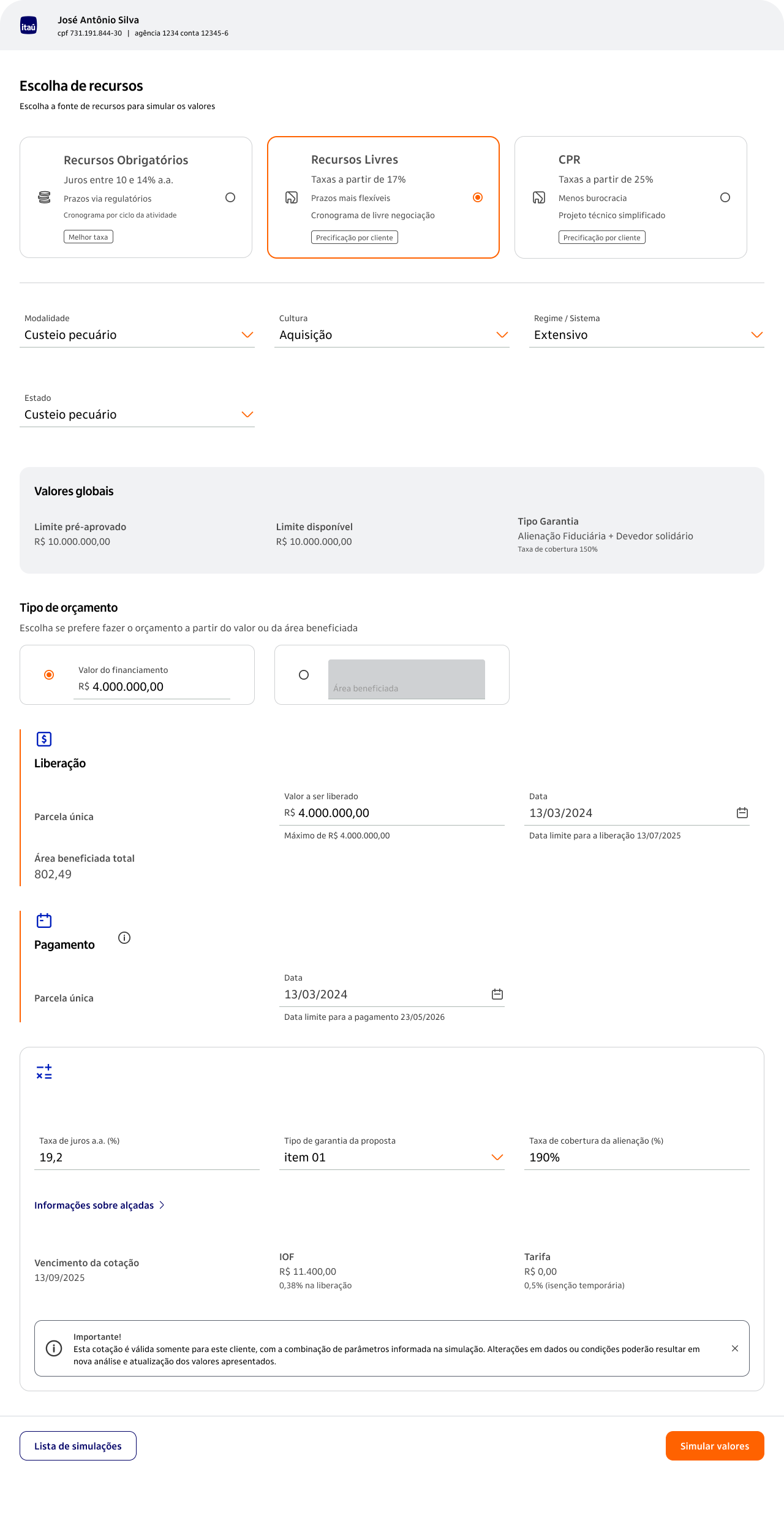Tela de simulação de crédito rural com escolha de recursos
