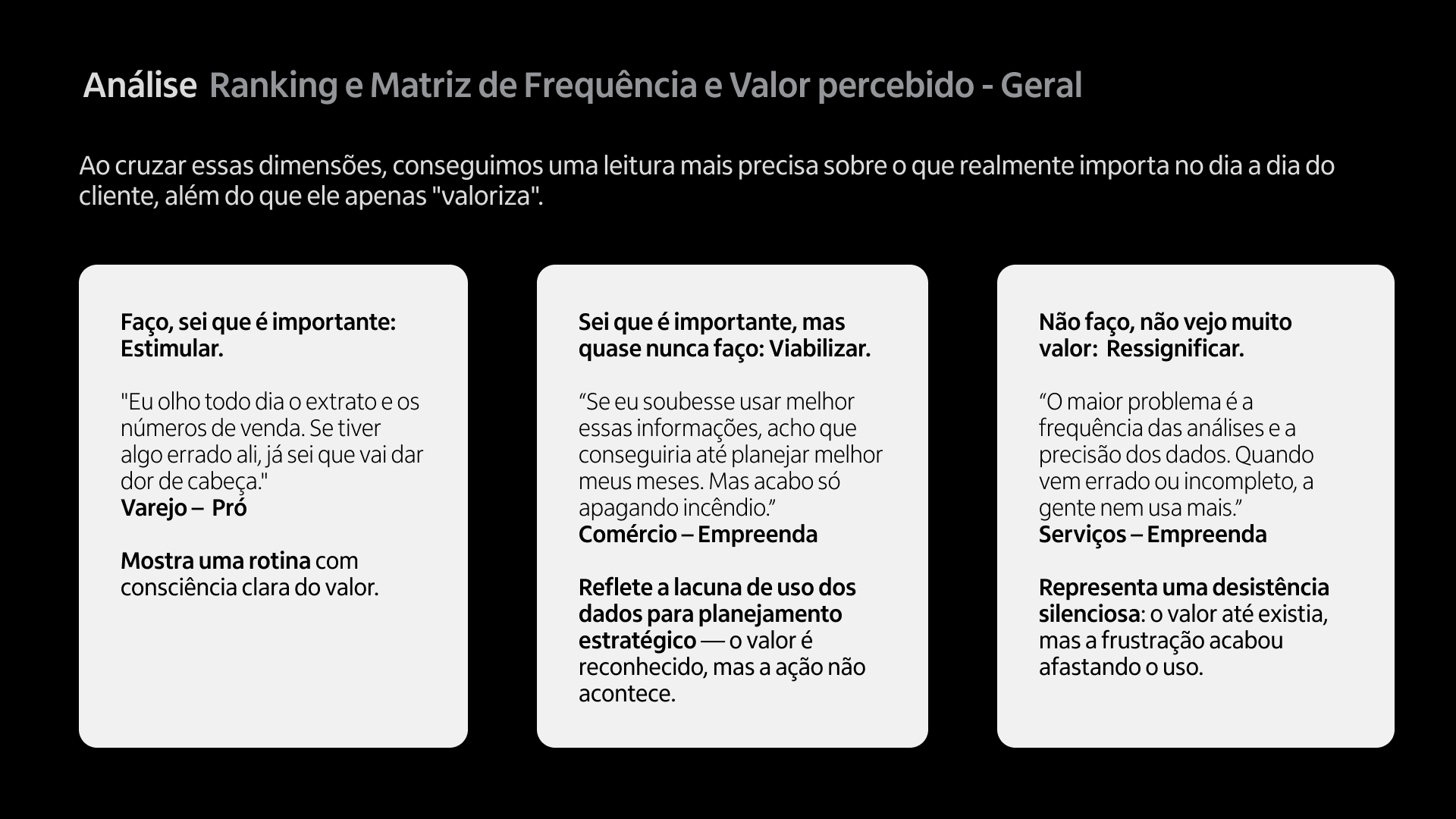 Análise qualitativa: cards com quotes de usuários sobre frequência e valor percebido